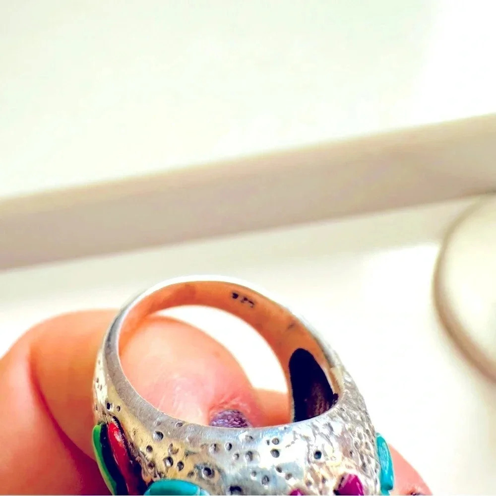 Handmade Sterling Silver & Multi Stone Inlay Skull/Biker/Rocker Ring Size 9.5 - Picture 6 of 7